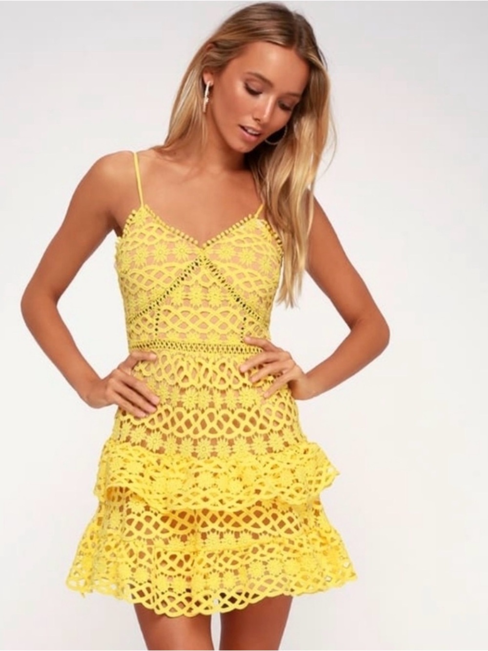 Lulus Beauty and Lace Yellow Crochet Lace Mini Dress